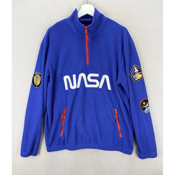 Chemistry Men's Sz L Blue NASA USA Flag Sleeve Patches 1/4 Zip Fleece Sweater - Picture 1 of 11
